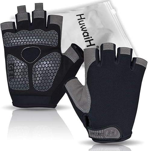 Miniatura 4 de HuwaiH Guantes de ciclismo para hombresmujeres, antideslizantes, amortiguadores, guantes de ciclismo con almohadilla de gel de medio dedo, guantes