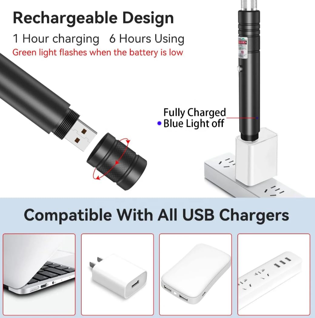 Puntatore Laser Verde Ricaricabile via USB, con Wrist Strap e Cappuccio Protettivo