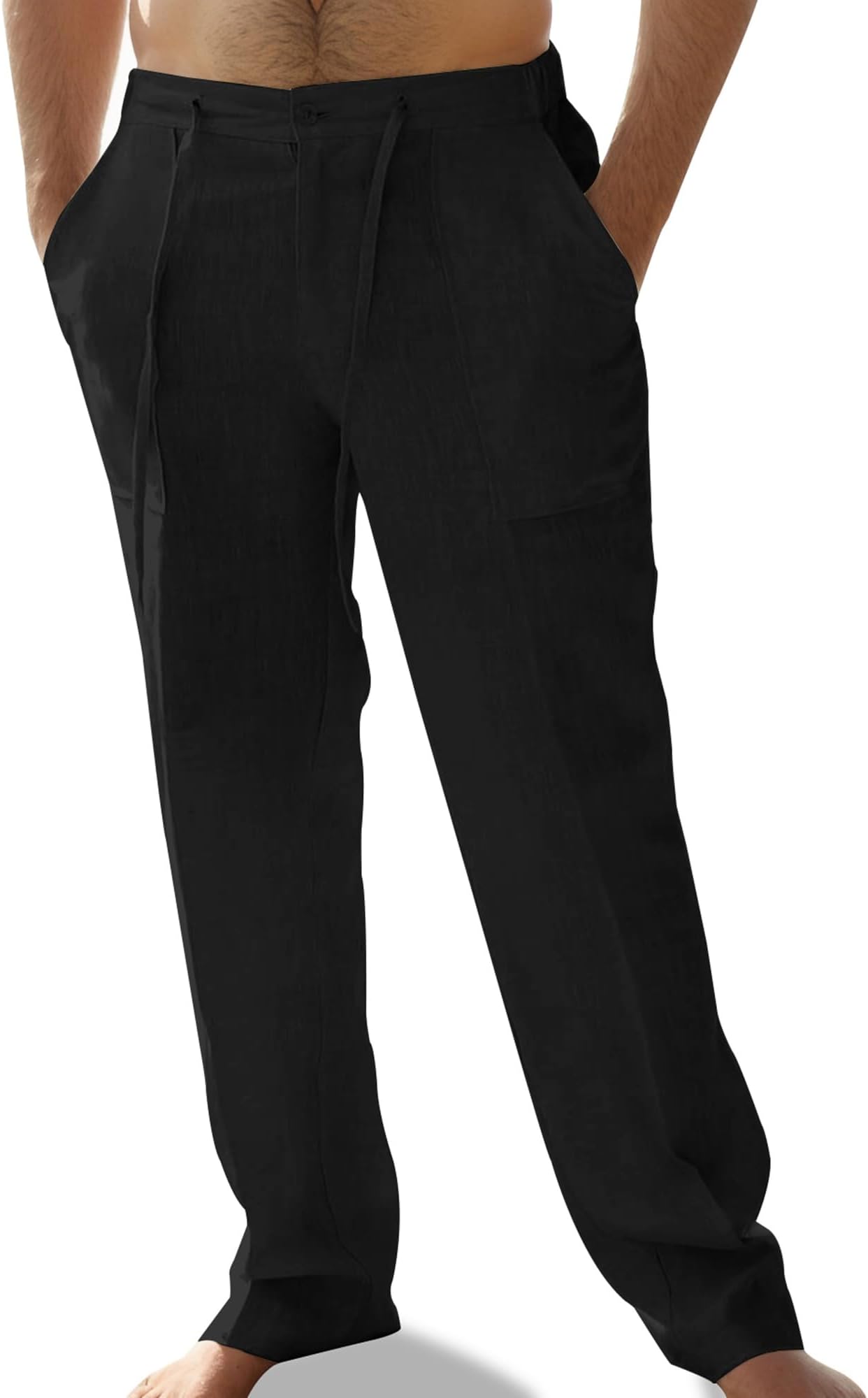Mens Linen Pants Elastic Waist Summer Pants Relaxed Fit Lightweight Yoga Beach Casual Pants with Pockets