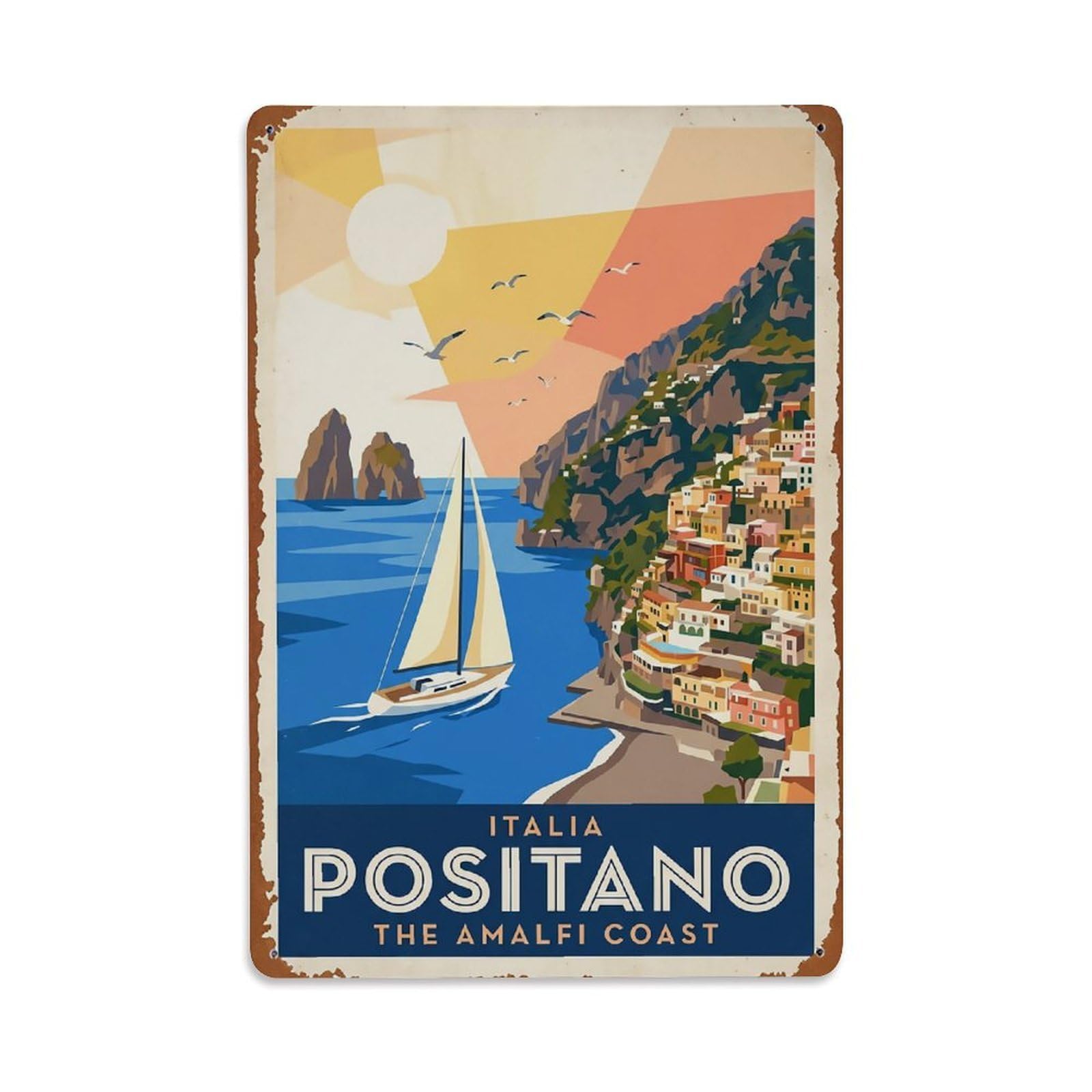 Huiyhb 8X12inch(20X30cm) Vintage Travel Positano Italy Sailing Islands Blue Metal Tin Sign