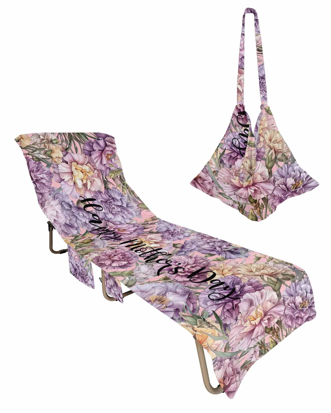 Spring Summer Floral Beach Chair Towel Covers for Chaise Lounge with Side Pocket, Soft Plush Pool Towels Cover for Patio Sunbathing Outdoor 29''x85'' Watercolor Botanical Blossom