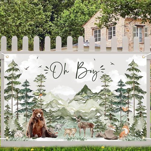 Image of Avezano Oh Boy Backdrop Forest Adventure Baby Shower Photography Background Mountain Wilderness Woodland Baby Shower Decorations Watercolor Greenery Forest Party Photoshoot Banner (6 x 3.6 ft)