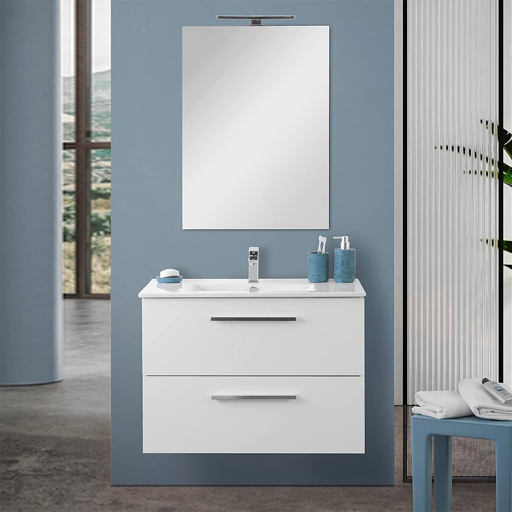 Inbagno Mobile Bagno sospeso 80 cm, Bianco Lucido 2 cassetti, Completo di lavabo e Specchio