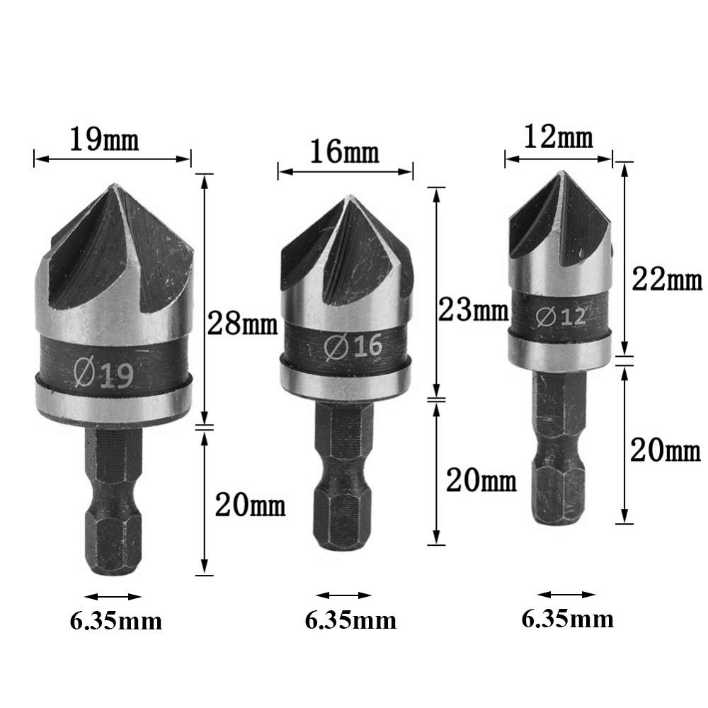 Lot De 3 Fraises à Chanfreiner 90° Mesee - 12/16/19mm Pour Bois