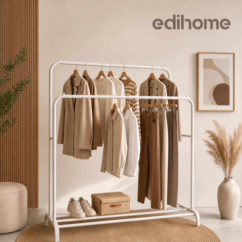 edihome, Stand Appendiabiti, Doppio, 110 x 150 x 54 cm, Vestitore, Appendiabiti da Terra, Resistente, Metallico, con Supporto per Scarpe (Bianco Doppio)