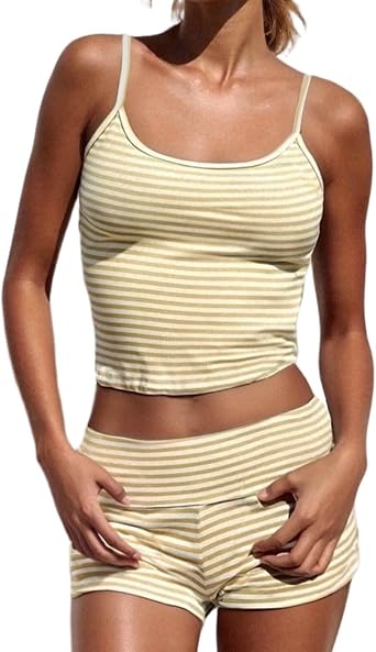 DSORVICD Women Y2K Striped Pajama Set Sleeveless Slim Crop Cami Tank Fold Over Shorts Teen Girls Cute PJ Sets