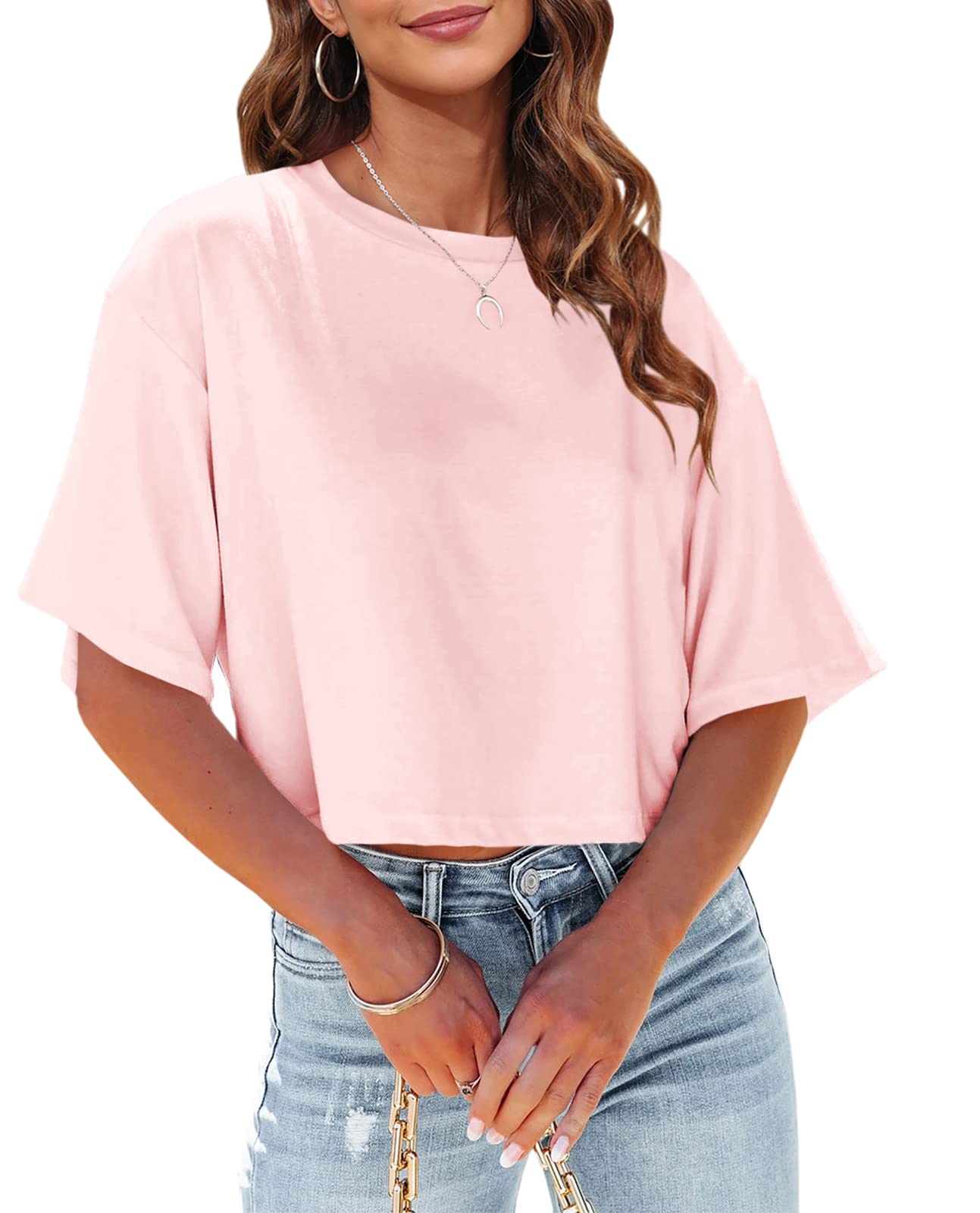 Tankaneo Dames crop tops korte mouwen T-shirts zomer fitness oversized bovenstuk ronde hals buikvrij sportshirt, grijs, L