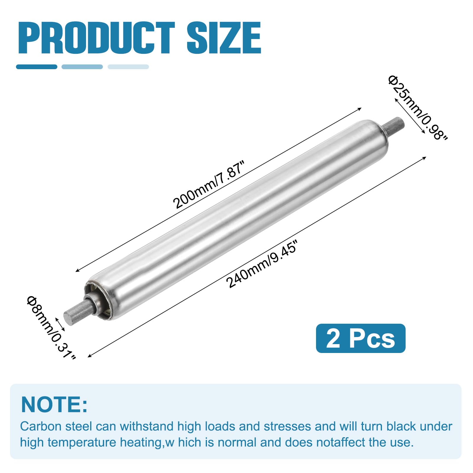 QUARKZMAN Rouleau de Convoyeur en Acier Inoxydable Diamètre 25mm Longueur 200mm Pièce de Rechange pour Transmission Gravitaires Embouts Galvanisés (Argent, Lot de 2)