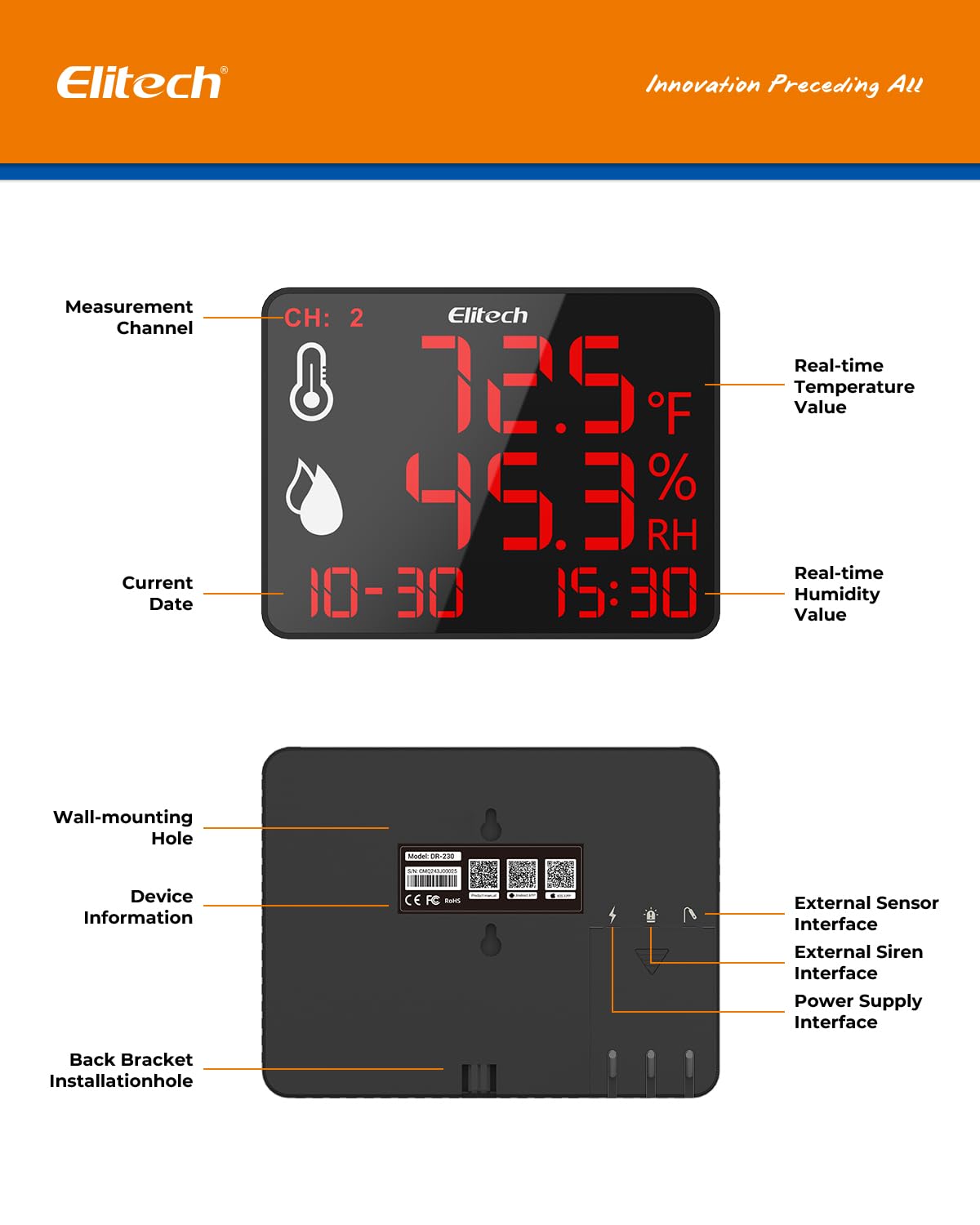 Elitech Termómetro Bluetooth, medidor de temperatura y humedad, pantalla grande, registrador de datos con sensores externos, supervisión en tiempo real para almacenes, laboratorios, hogar, invernadero