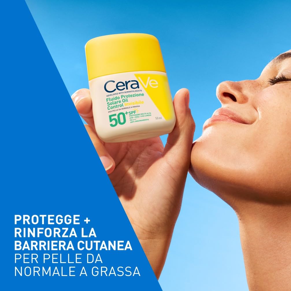 CeraVe Fluido Protezione Solare Invisibile Oil Control SPF50+, Per Pelle da Normale a Grassa, Protezione Molto Alta, Effetto Opacizzante, Invisibile Sulla Pelle, Texture Leggera, 50ml