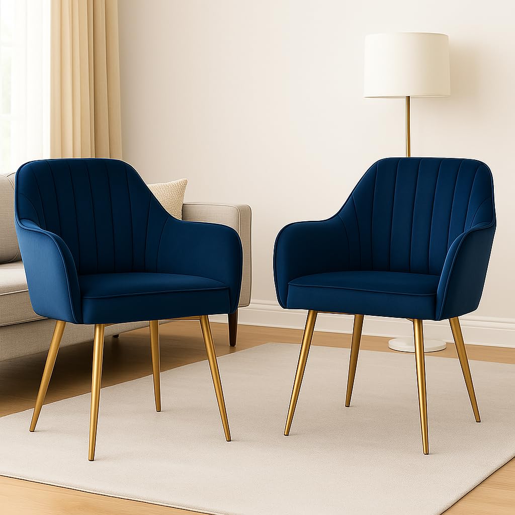 Velvet Accent Chair | Luxury Upholstered Armchair with Sturdy Metal Legs | Modern Comfortable Chair for Living Room, Bedroom, Office, or Café (Golden Legs, Blue 2pc)-image-47