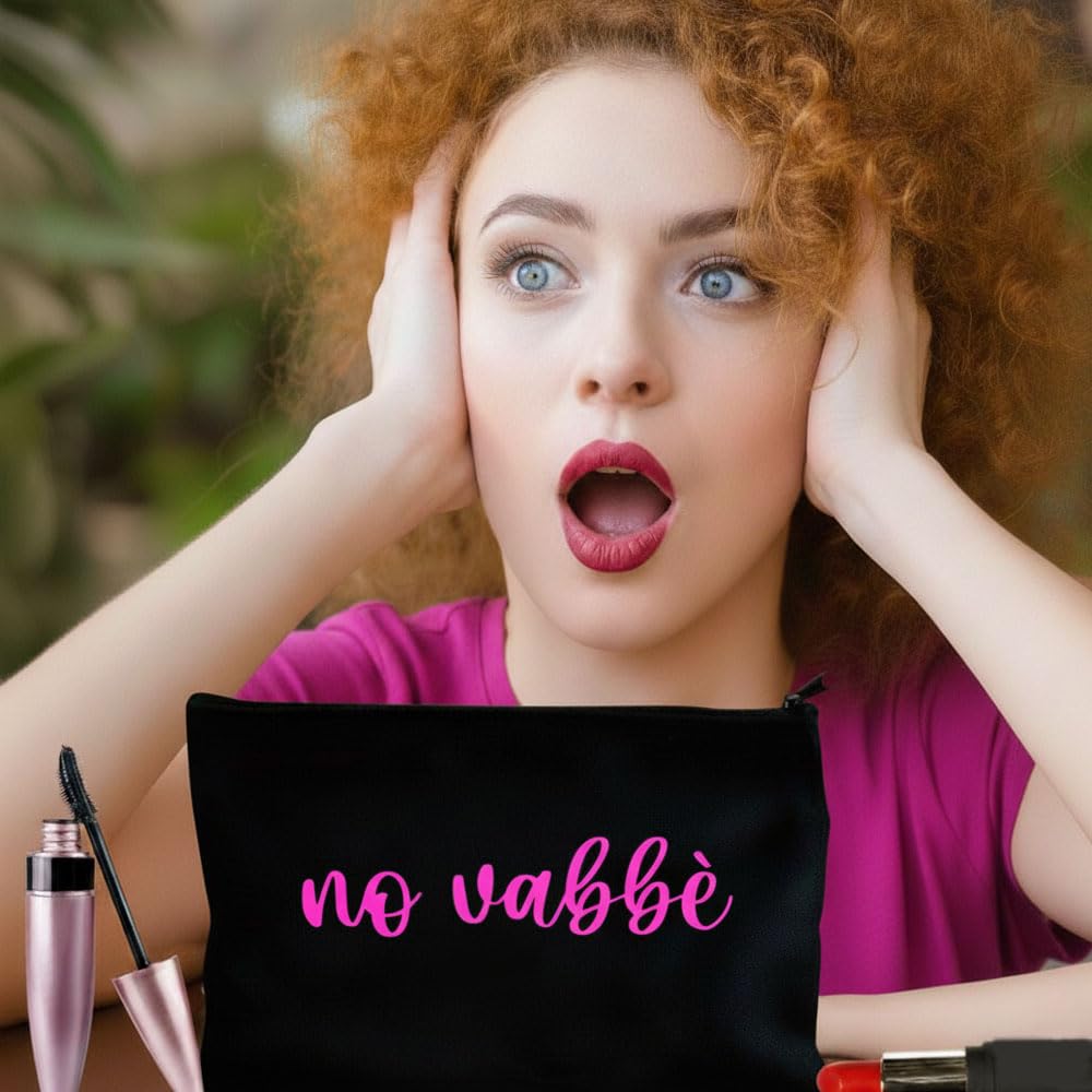 Pochette in tela “no vabbè” – Astuccio nero con scritta rosa – Beauty case divertente 21x13 cm con cerniera