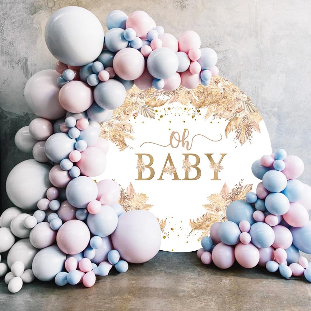 OERJU Runder Hintergrund Für Babyparty – Boho-Stil Mit Pampasgras & Blumen, Durchmesser 220 Cm