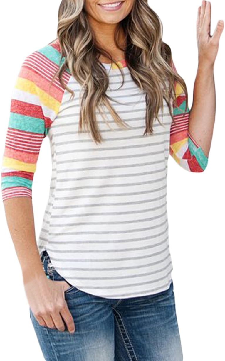 SHESHY Women Casual Blouses Tops Floral Print 3/4 Sleeve Crew Neck T- Shirt Plus Size (6-24)