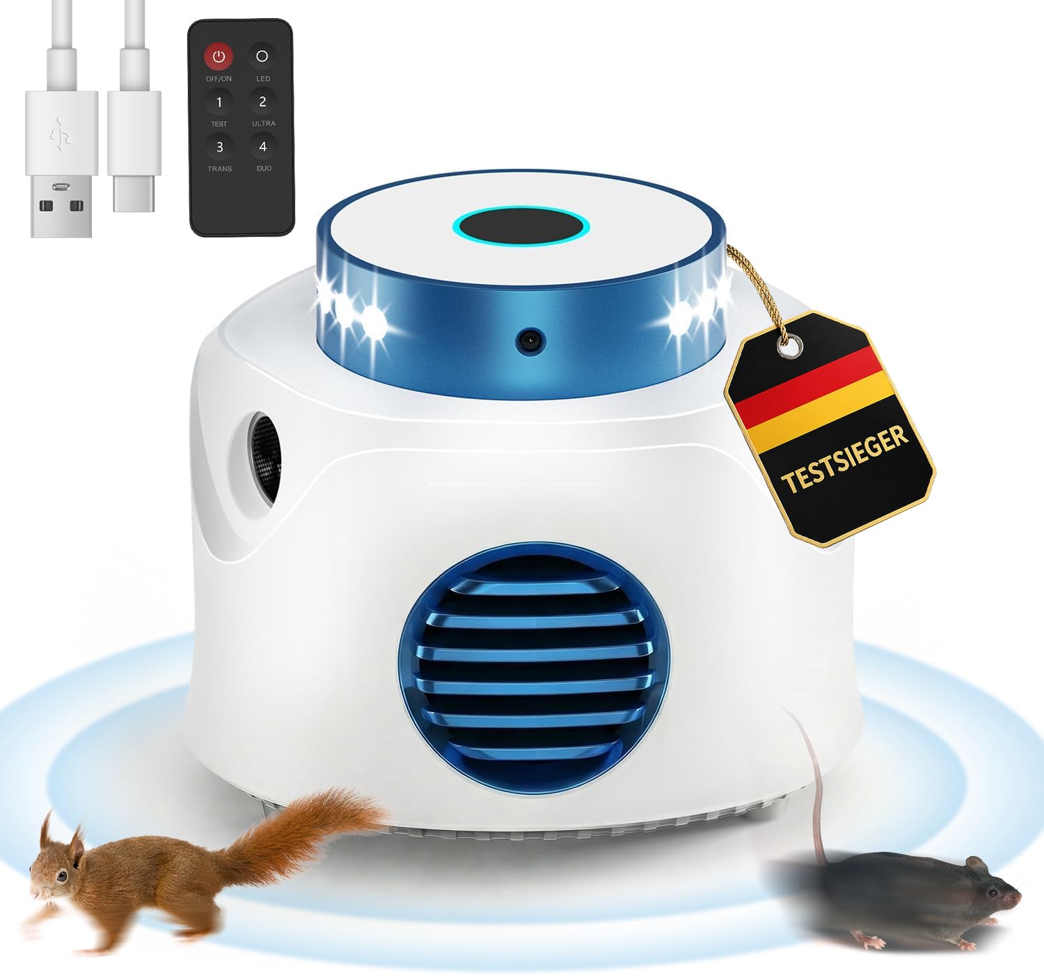 MEKEET 360° Ultraschall Mäuseabwehr mit 4 Modi & 9 LED Stroboskoplicht, Mäusevertreiber gegen Ratten Mäuse Spinnen, Ameise 310 m² Reichweite, Professionelle Rattenabwehr für Innenbereich & Garage