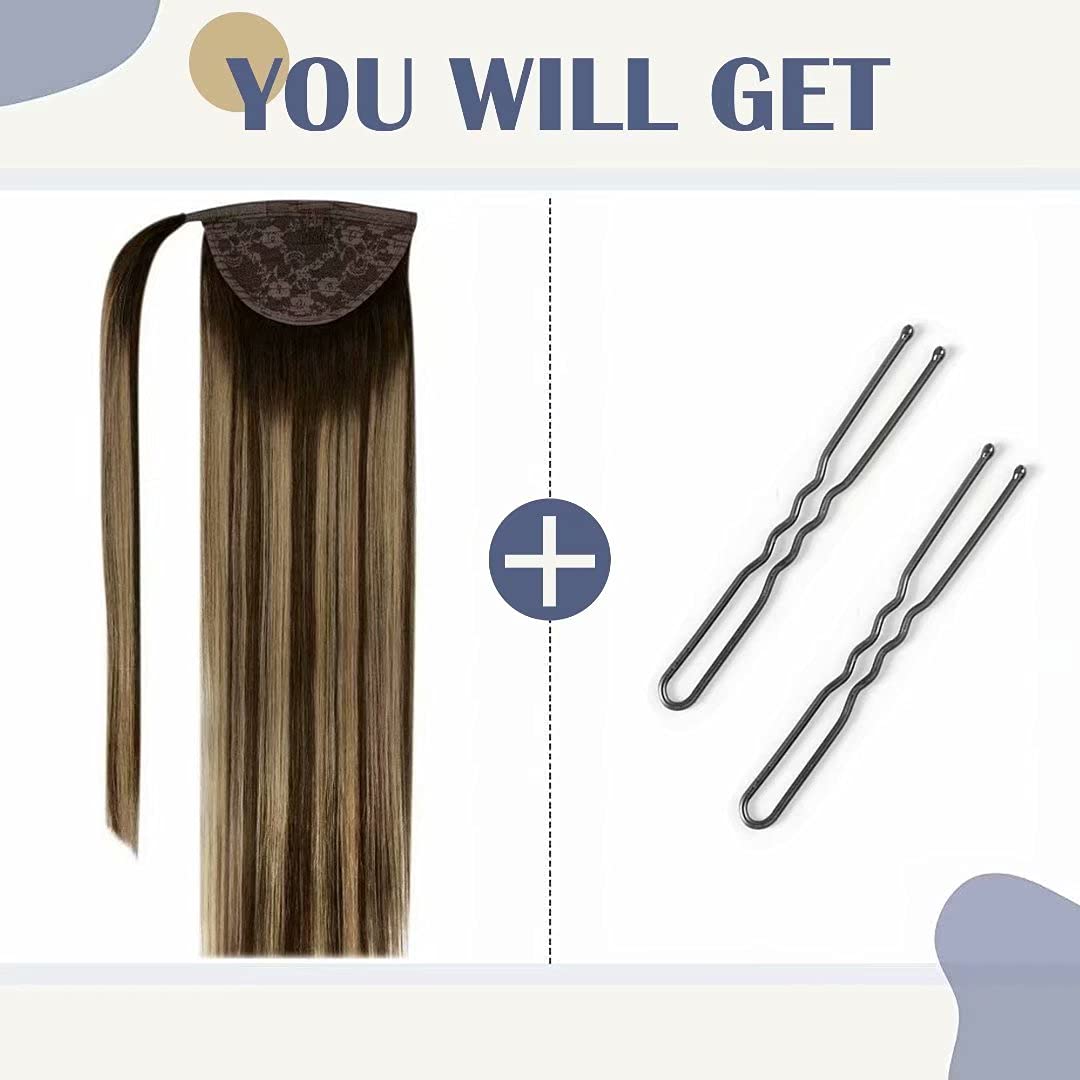 LaaVoo Pony Tail Extensions Real Human Hair 12 Inch 70g Balayage Dark Brown Mix Caramel Blonde Remy Straight Ponytail hair Extensions #4/27/4 - Image 2