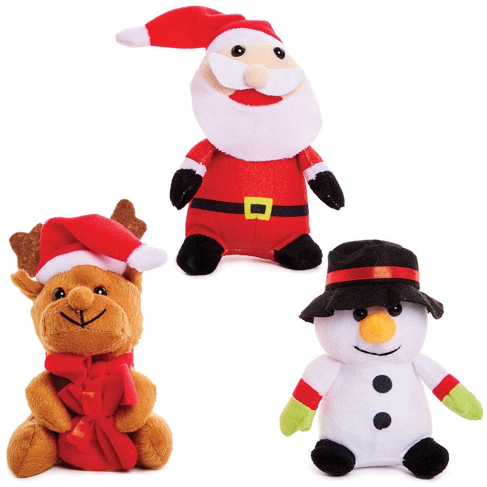 Baker Ross FX419 Christmas Cuddly Plush Toys - Pack of 3, Xmas Soft Toys for Kids, Toys for Kids Party Bags and Christmas Stockings