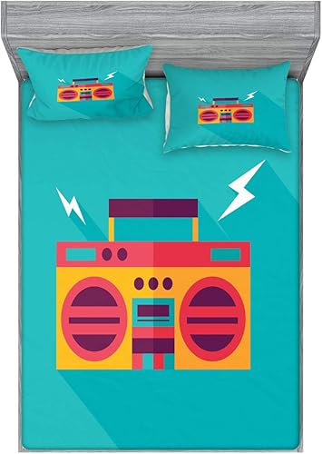 Lunarable Music Fitted Sheet & Pillow Sham Set, Ghetto Blaster Audio Retro Boombox with a Long Shadow, Decorative Printed 2 Piece Bedding Decor Set,