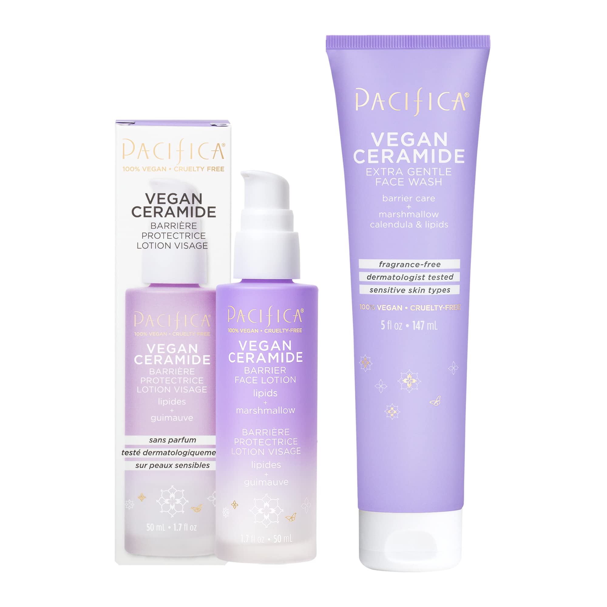 PacificaBeauty | Vegan Ceramide Face Wash + Vegan Ceramide Face Lotion Set | For Sensitive Skin | Dermatologist + Allergy Tested | Eczema Association Approved | Fragrance Free | Vegan + Cruelty Free