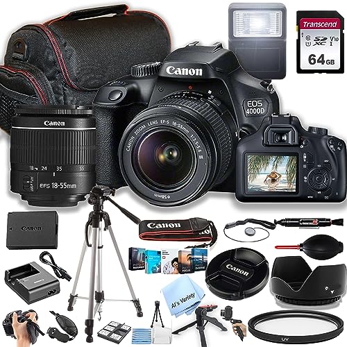 Canon EOS 4000D / Rebel T100 DSLR Camera w/EF-S 18-55mm F/3.5-5.6 Zoom Lens + 64GB Memory, Case, Tripod, Flash, and More (31pc Bundle) (Renewed)