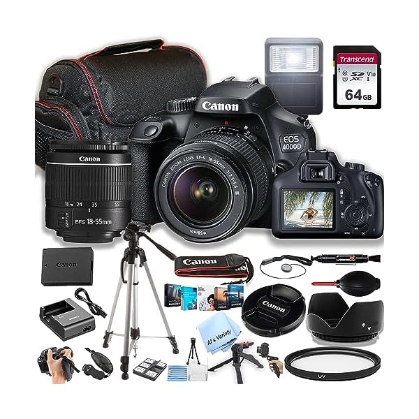 Canon EOS 4000D / Rebel T100 DSLR Camera w/EF-S 18-55mm F/3.5-5.6 Zoom Lens + 64GB Memory, Case, Tripod, Flash, and More (31pc Bundle) (Renewed)