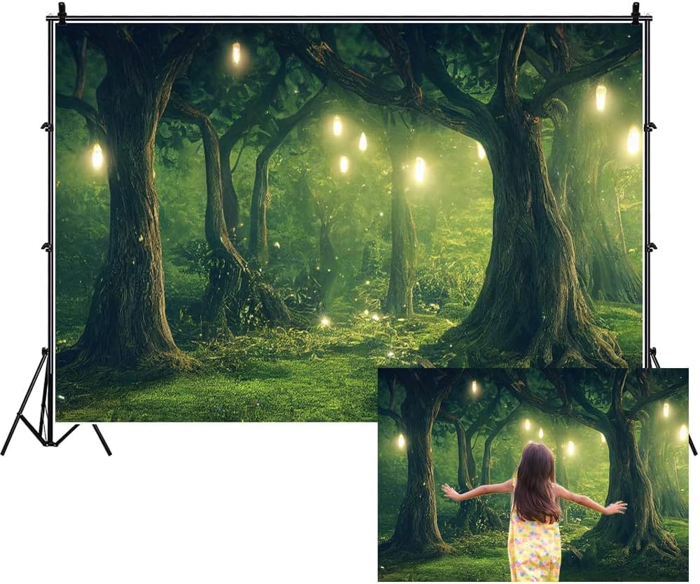 Renaiss 12x8ft Enchanted Forest Backdrop Green Jungle Fairytale Garden Magic Trees Wonderland Woodland Polyester Photography Background for Wedding
