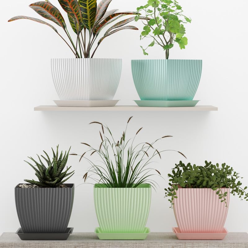 Image of StyleX Store Plastic Square Flower Pots with Tray | Durable Outdoor Indoor Planters with Drainage Hole Saucers | Stylish Plant Containers for Home, Garden, Office, and Balcony (Set of 5, Multicolour)