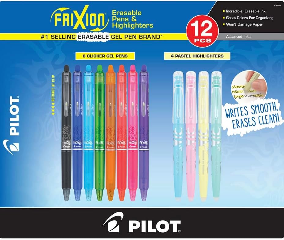 Pilot FriXion Erasable Pens and Highlighters Made in Japan, 12 Pieces