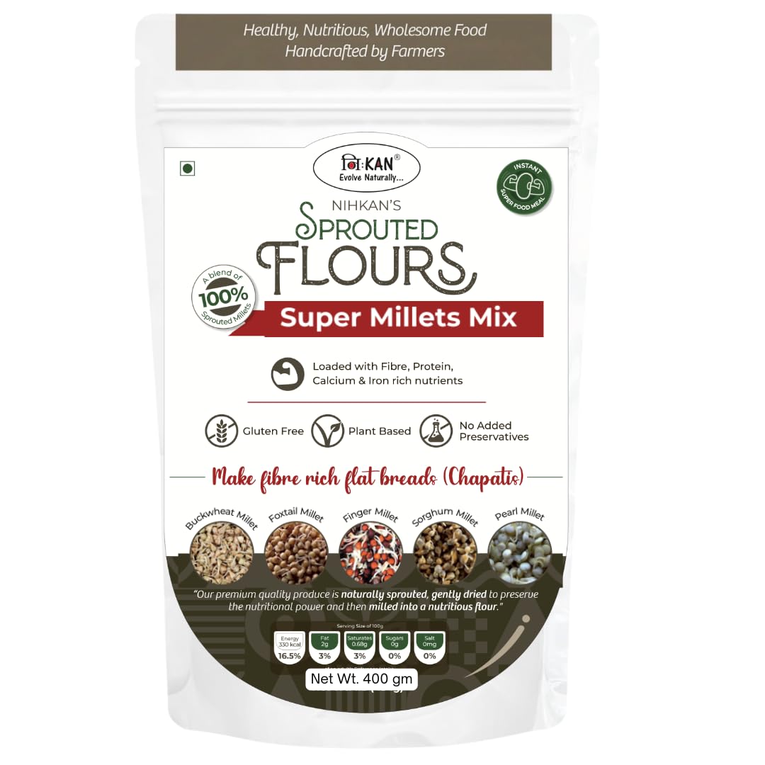 NIHKAN Multigrain Sprouted Millets Flour – 400g | Sugar Control Atta For Weight Loss & Diabetes | Gluten Free, No Wheat, No Rice, Low GI | Mix of 5 Sprouted Millets Ragi, Jowar, Bajra, Foxtail millets NIHKAN Multigrain Sprouted Millets Flour – 400g | Sugar Control Atta For Weight Loss & Diabetes | Gluten Free, No Wheat, No Rice, Low GI | Mix of 5 Sprouted Millets Ragi, Jowar, Bajra, Foxtail millets