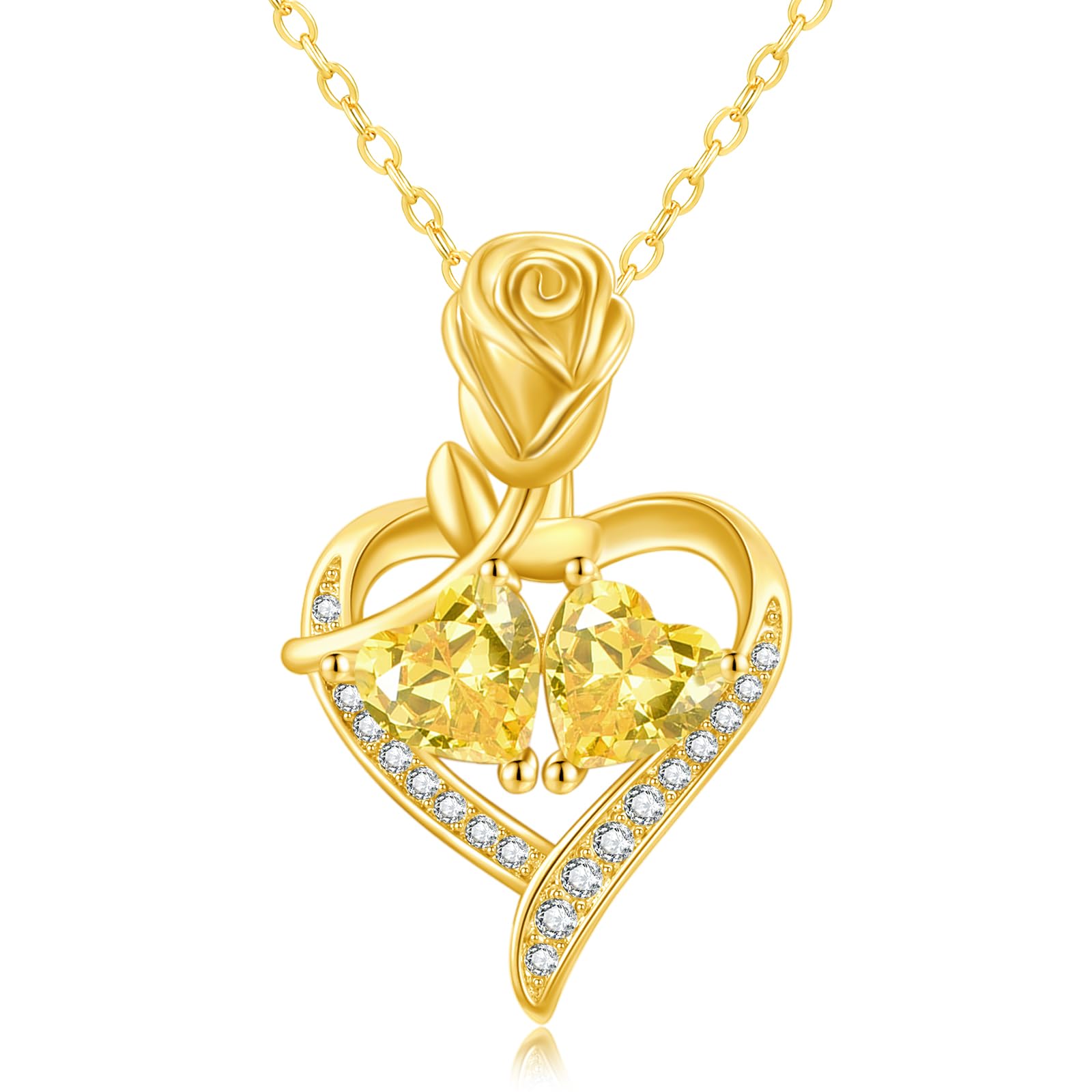Rose Heart Necklaces for Women 14K Gold Pendant With Double Birthstone Mothers Day Anniversary Birthday Jewelry Gifts for Wife Girlfriend Mom