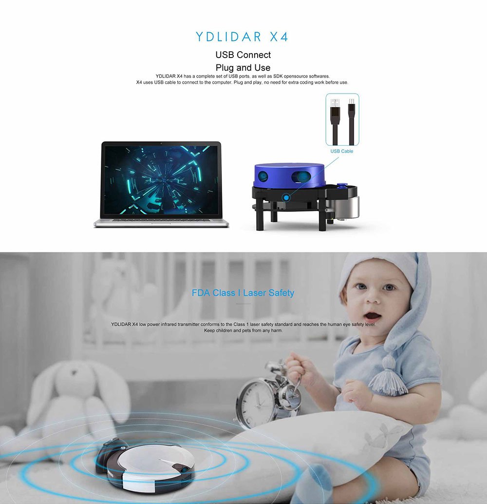 LIDAR-053 EAI YDLIDAR-X4, modulo sensore di scansione per scanner laser con un raggio di azione di 10 metri e una frequenza di scansioni di 5 Hz Lidar X4