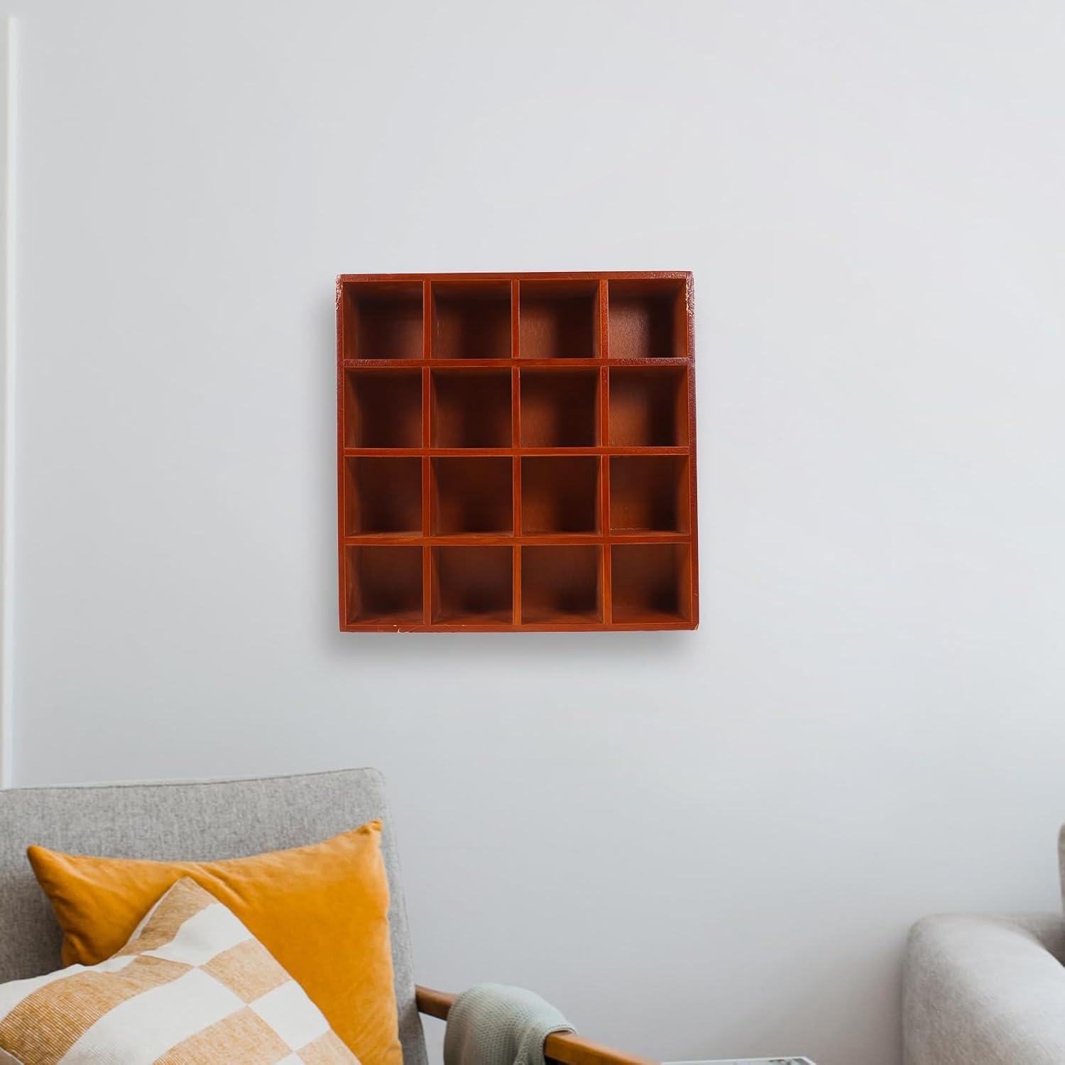 DOITOOL Wooden Cubby Display Shelf 16-Compartment Wall Mounted Storage Box for Home Decor Collectibles Cosmetics 15.74X15.74X2.95 Inch