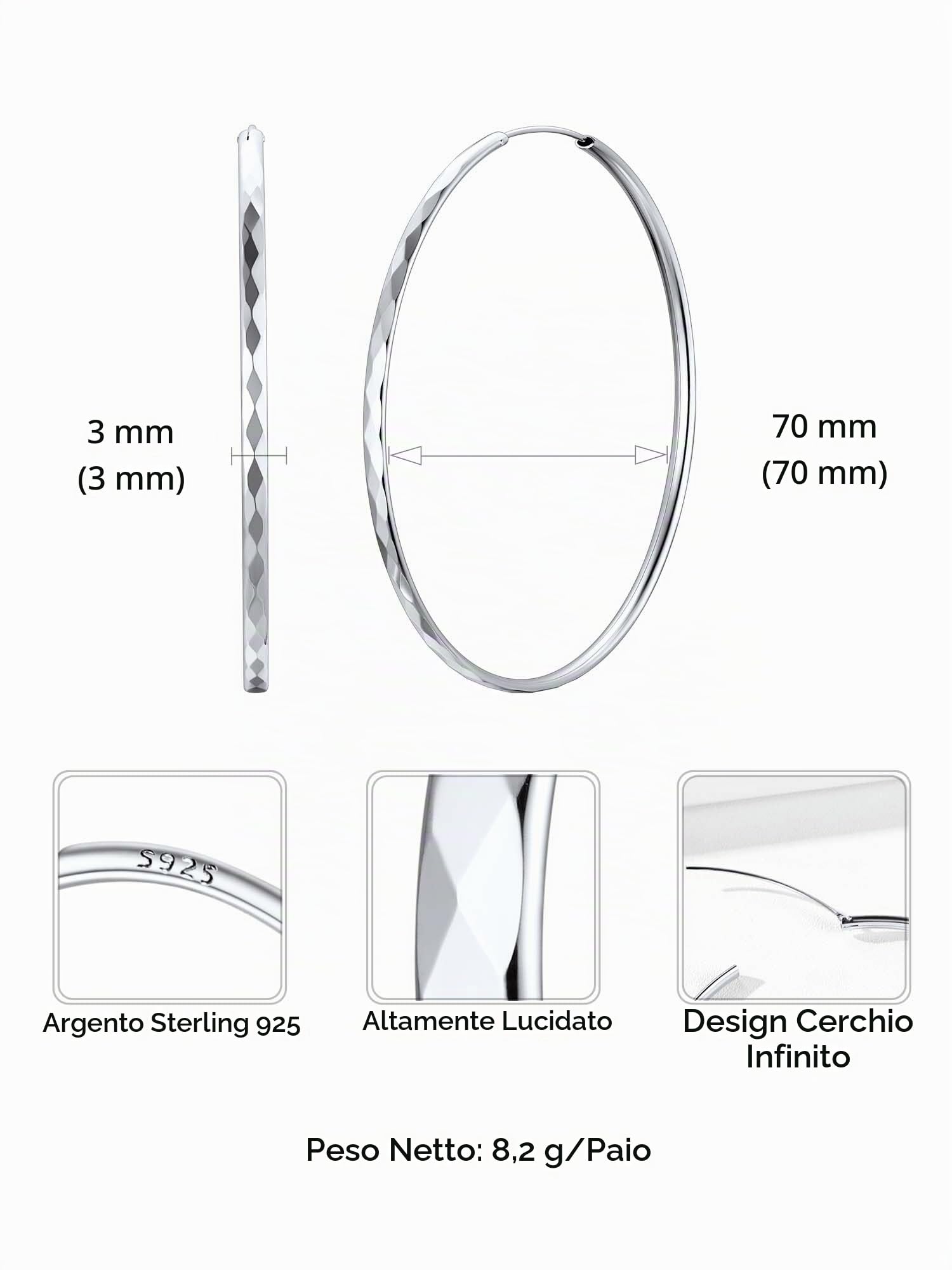 ChicSilver Orecchini Donna Argento 925 in Oro Bianco, 3mm Orecchini Cerchio Argento/Oro con Misura 30mm/50mm/70mm, Orecchino Grande Anallergico Donna Ragazza, Idee Regalo