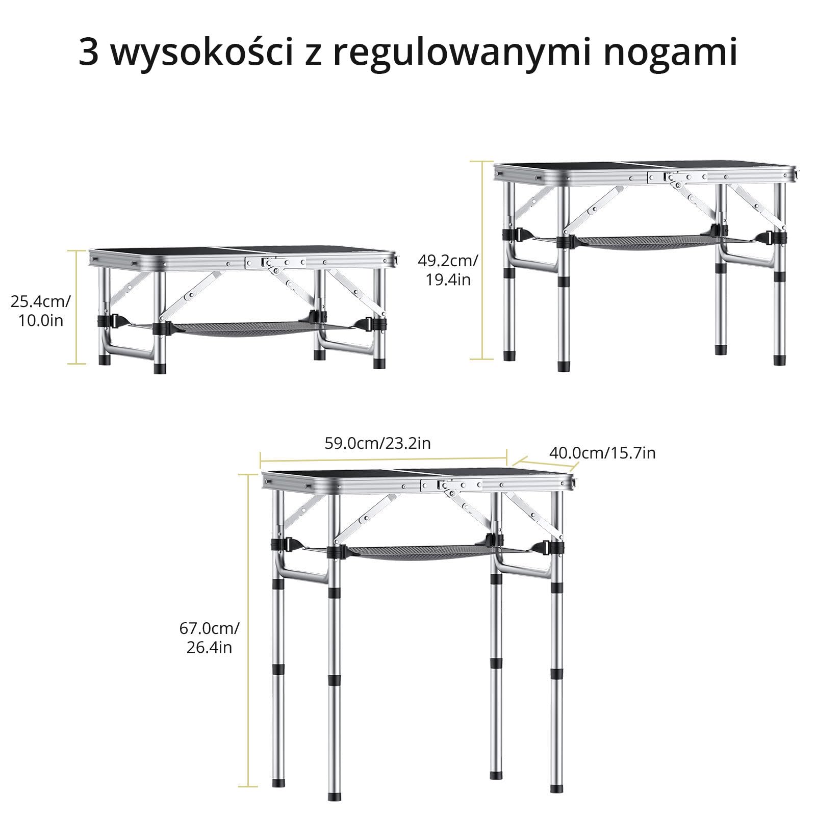 Anbte Składany Stół Kempingowy z Przechowywaniem Net - Składany Stolik Piknikowy 3 Wysokość Przenośny Stolik Aluminiowy + MDF do Indoor Plaża, Piknik - Czarny