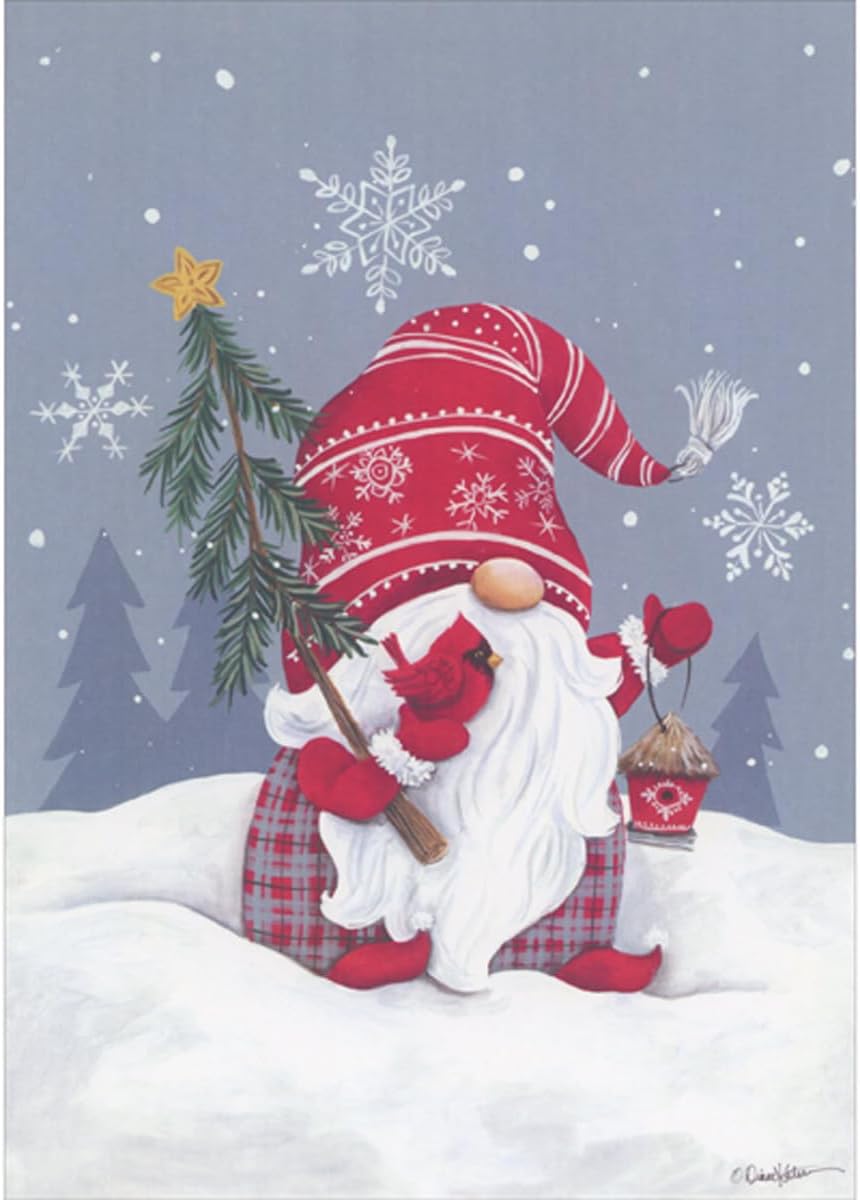 Gnome with Red Gloves, Hat with Snowflakes and Dots, Cardinal, Small Tree and Lantern Box of 16 Christmas Cards