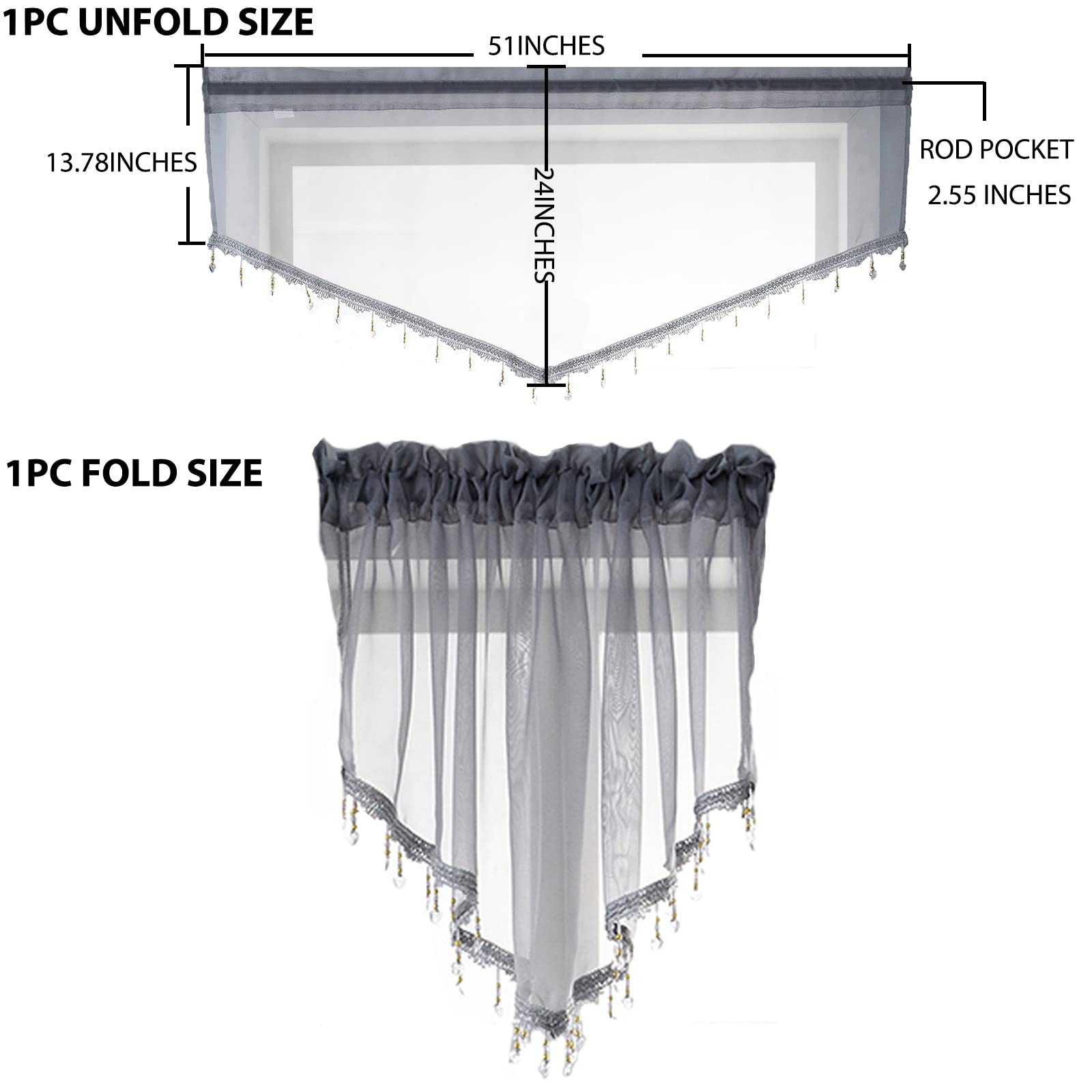 Mantovana Per Tenda Con Perline Grigia 130x61 Cm | Voile Con Nappe E Tasca Per Asta - 2