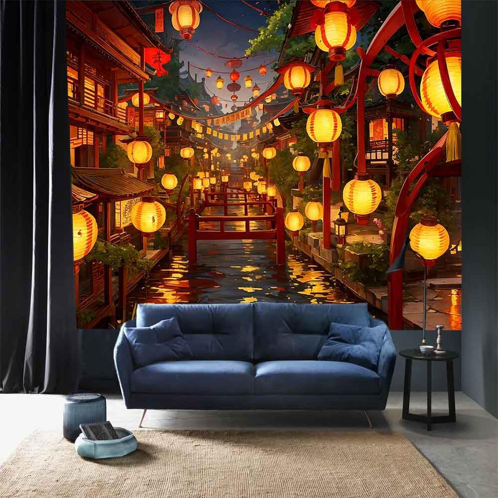 Ine Ive Japanese Tapestry Wall Hanging 100x90 Inches Japan Streets filled with lanterns tapestry for Bedroom Living Room Dorm Decor