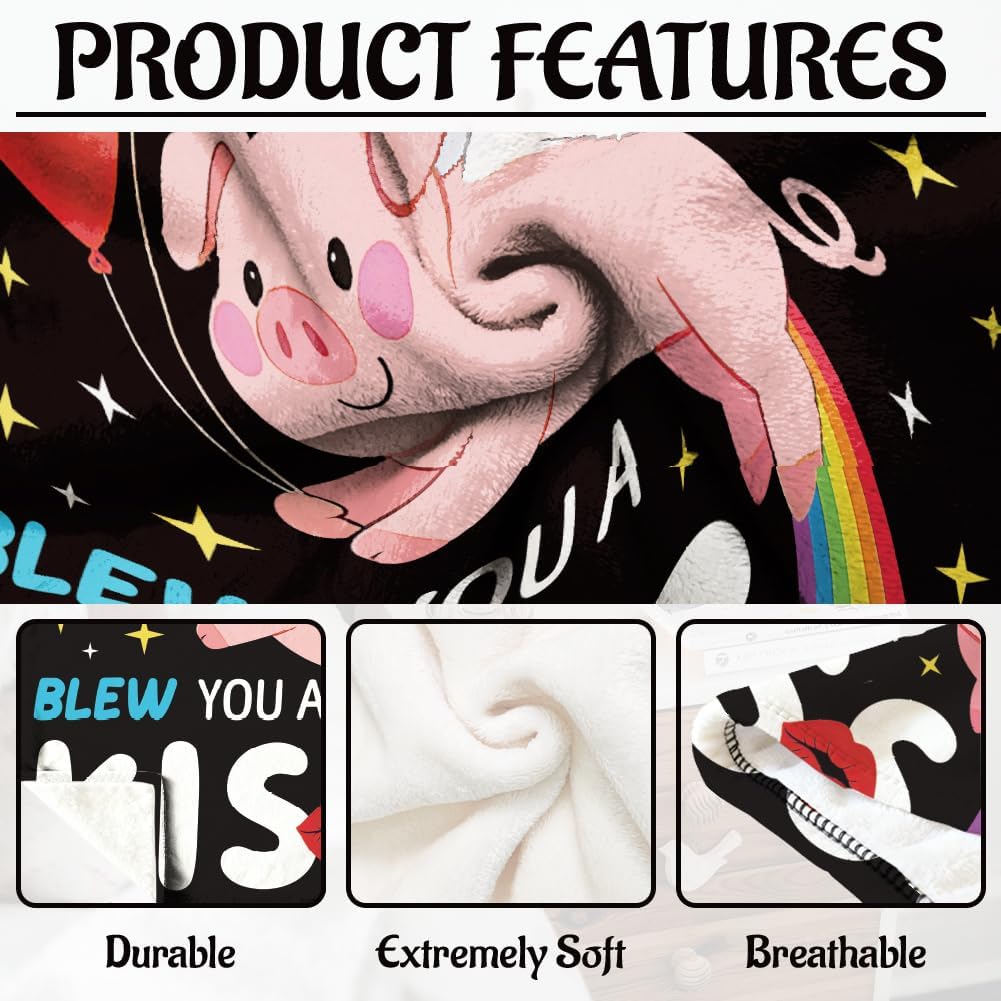 WADORN Funny Pig Throw Blanket, Cozy Soft Cute Rainbow Flying Pig Throw Blanket Fuzzy 500GSM Flannel Fleece Blankets Plush Kiss Pigs Lover Gifts for Office Living Room Sofa Bed Couch Chairs, 59x51Inch