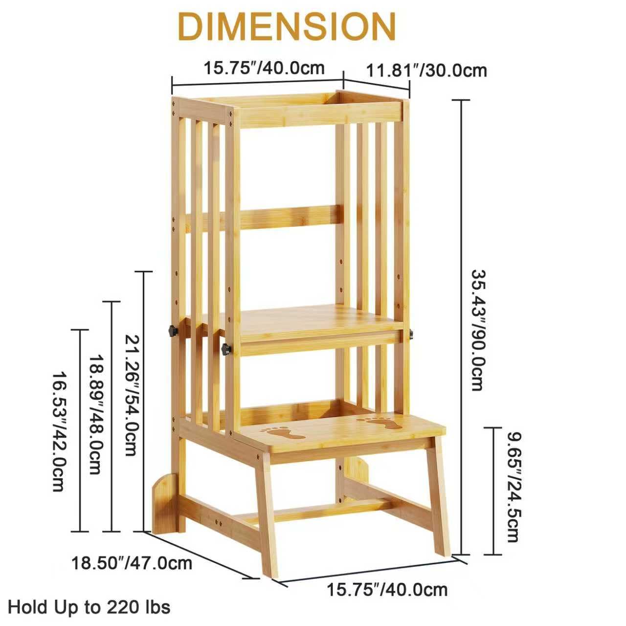 BAMBOOHOMIE Sgabello da cucina per bambini, torre in piedi regolabile in altezza con piedini antiscivolo, sgabello per l'apprendimento dei più piccoli per bancone della cucina o lavandino del bagno