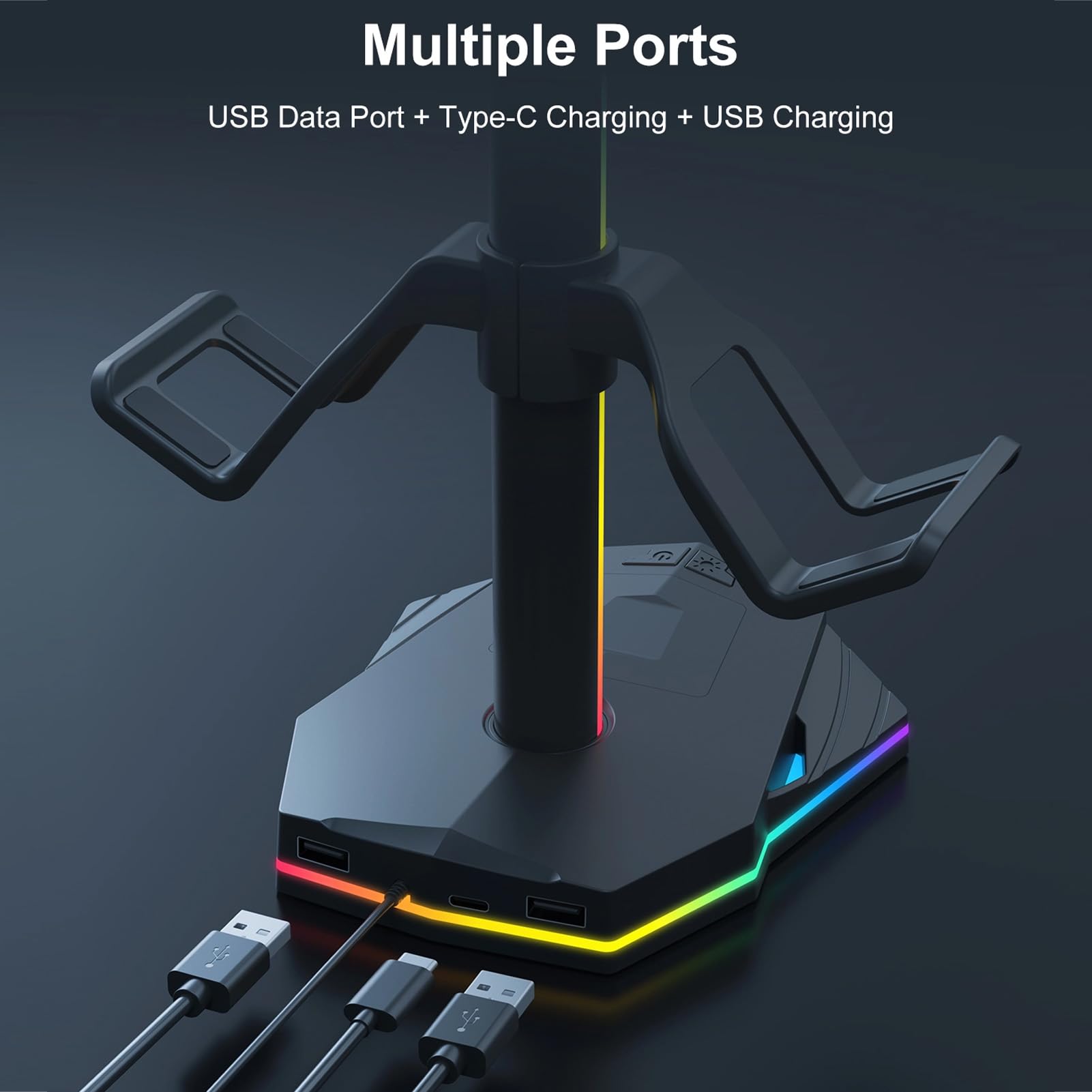 Gaming Headphone Stand with RGB Light, Holds 4 Controllers | Dispone di illuminazione RGB, adatta a tutte le marche, porte USB 2.0, installazione semplice, base stabile antiscivolo