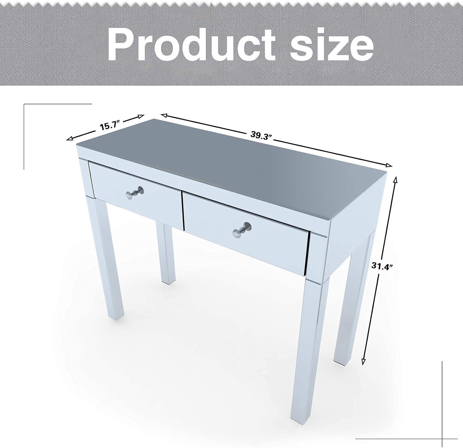 Mirrored Makeup Dressing Table Set w/Tri-fold Mirror Silver Vanity Table with 2 Drawers Modern Writing Desk for Bedroom Bathroom Home Office