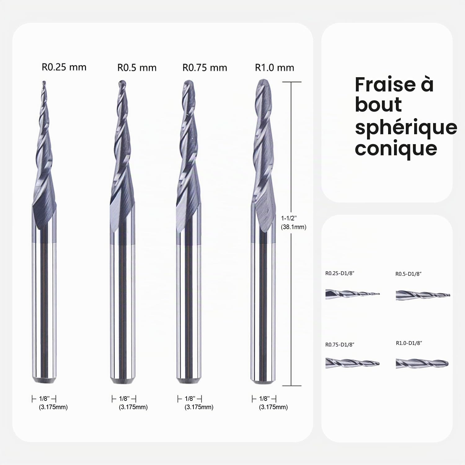 SpeTool 4 Pièces Fraise Conique Fraise Defonceuse 3.175 mm(1/8'') Rayon de 0.25-1.0mm Fraise CNC en Carbure de Tungstène avec Revêtement TiAIN pour la Sculpture Gravure Travail du Bois
