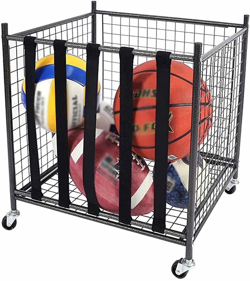 Rolling Sports Ball Storage Cart - Stackable Basketball & Football Organizer Rack, Durable Ball Cage for Efficient Storage (Black, Size: 50x48x107cm)