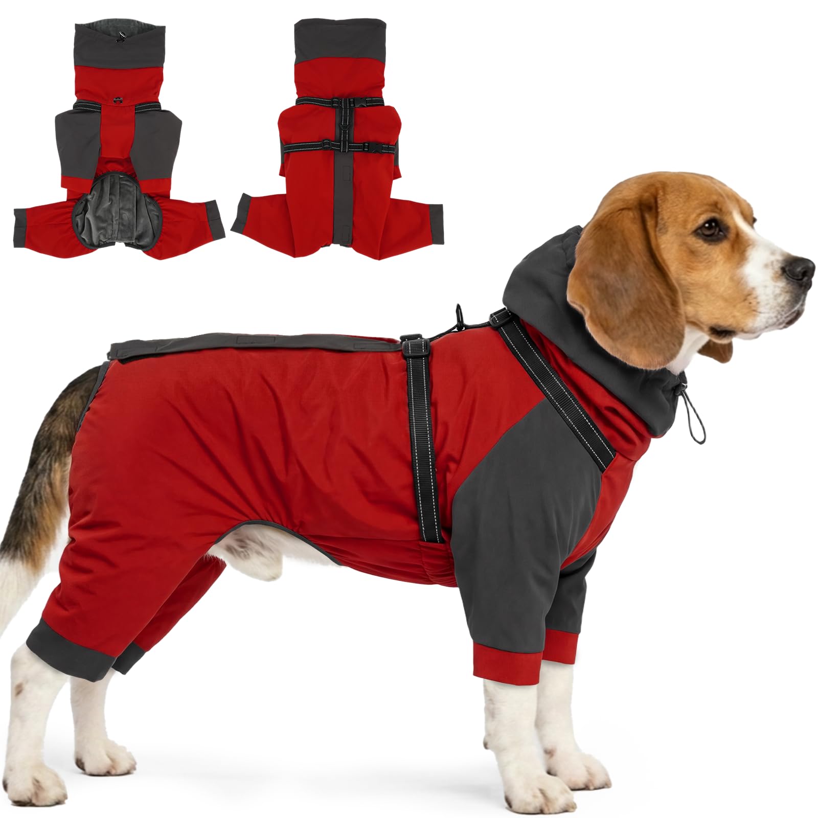 Lelepet Waterproof Dog Coat with Harness, Warm Dog Winter Apparel, Red M