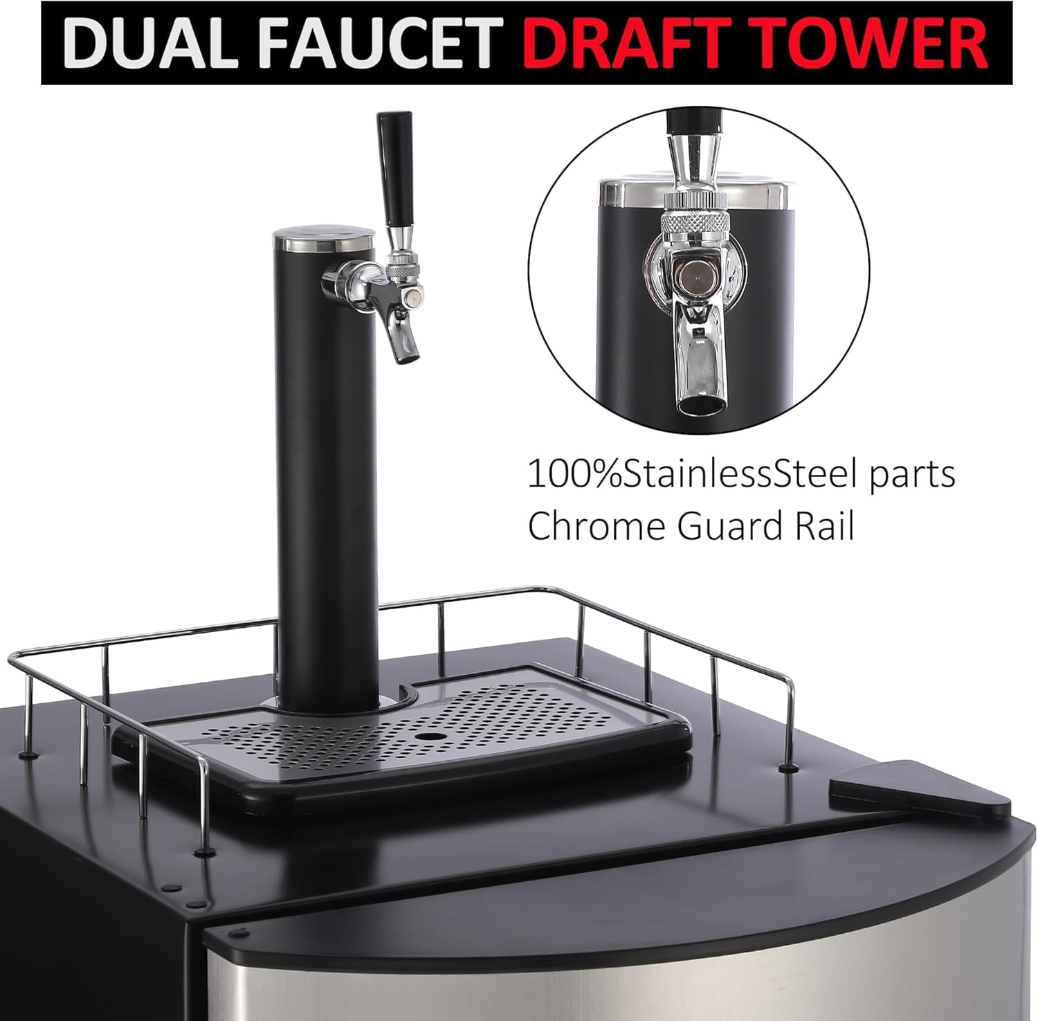 Amenitlif 128L Beer Kegerator, Single Tap Commercial Draft Beer Dispenser With Precise Temperature Control (32°F-50°F), Drip Tray, Shelves & Rail - Full Size Keg Refrigerator for Home & Business Use