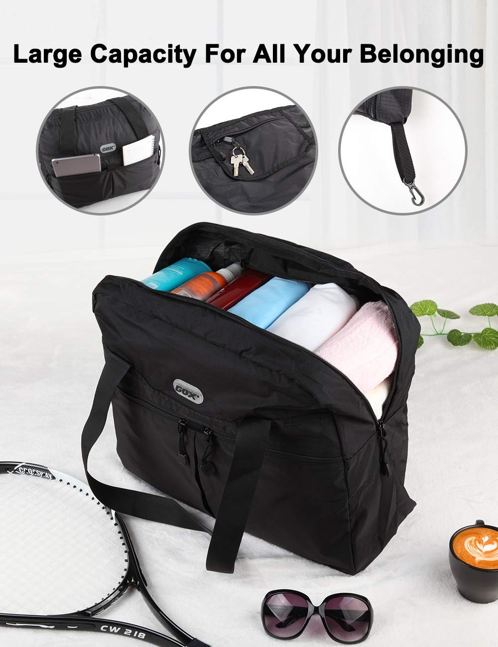 Damska torba na siłownię, duża, składana torba podróżna, pakowalna torba na ramię, bagaż podręczny, torba weekendowa, na noc, lekka, Czarny, Carry-On 20-Inch, Torba podróżna