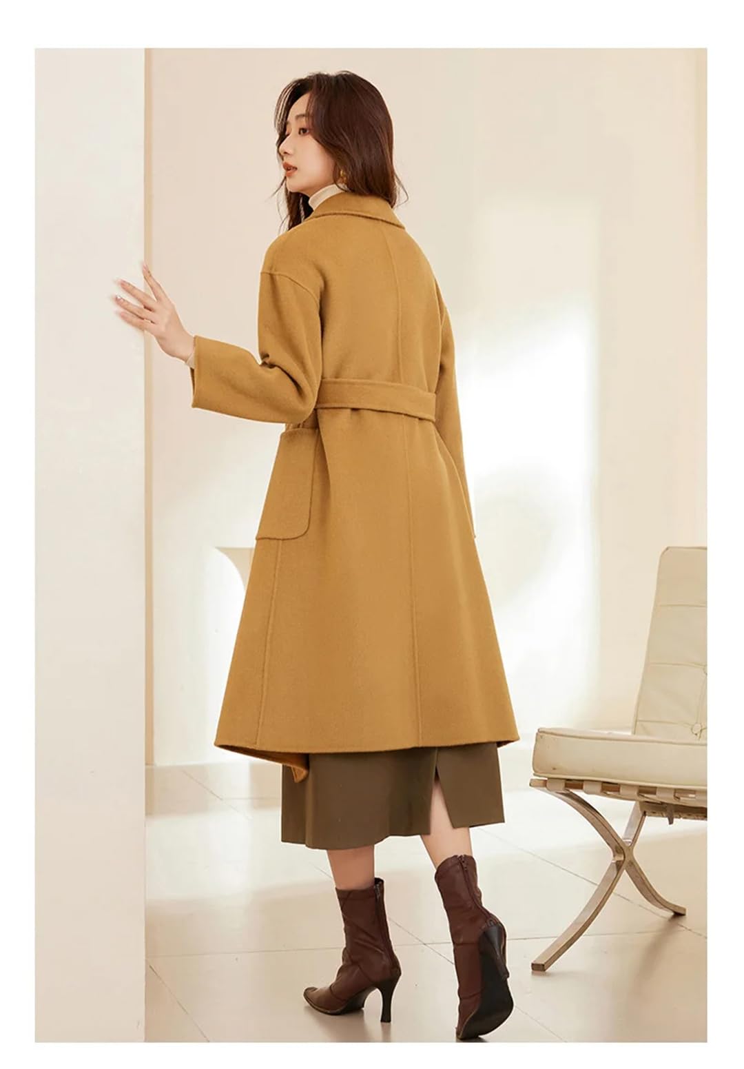 Hdhdeueh Abrigos largos de lana para mujer con cinturón, abrigo de lana sólida de doble cara, gabardina de invierno con solapa, rosso, L