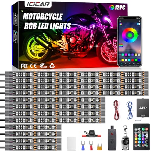 Motorcycle LED Underglow Kit, icicar 12 Pcs APP/RF...