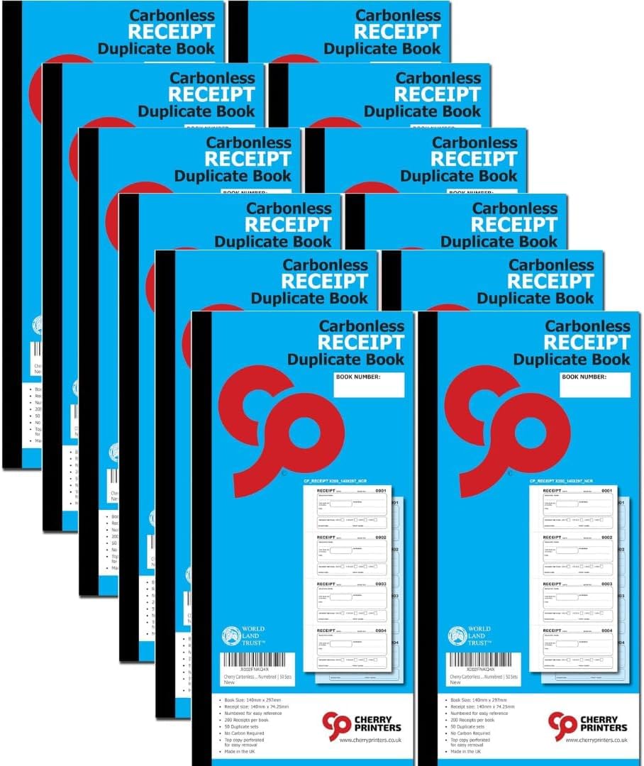 Cherry Printers Carbonless NCR Receipt Duplicate Book | 140mm x 297mm | 200 Receipts per Book | Numbered | 50 Sets | 20 Pack