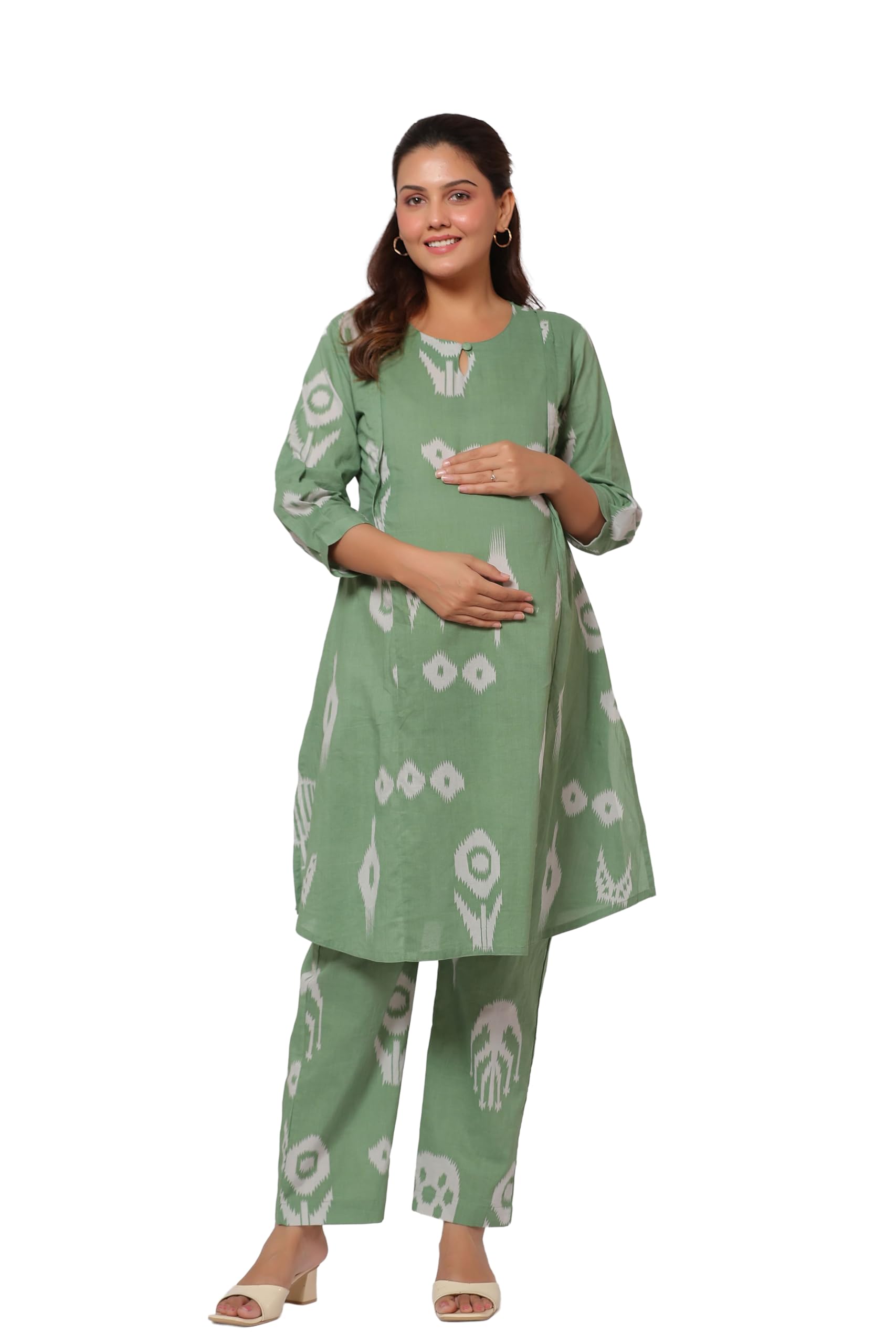 Pre & Post Maternity/Nursing Wear Hand Printed Night Suits/Dress Co-ord Set with Both Sides Zipper for Easy Feeding for to Be Moms & Nursing Mothers Pure Cotton Sage Classic Ikat-image-19
